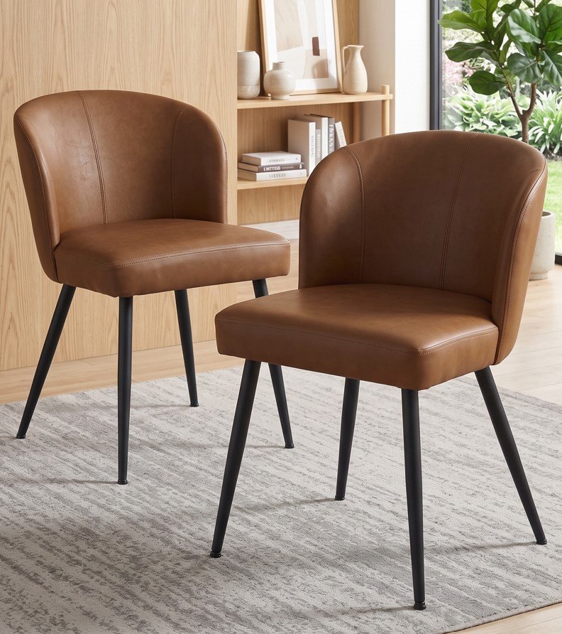PU Leather Dining Chairs Set of 2 with Metal Legs & Padded Seats